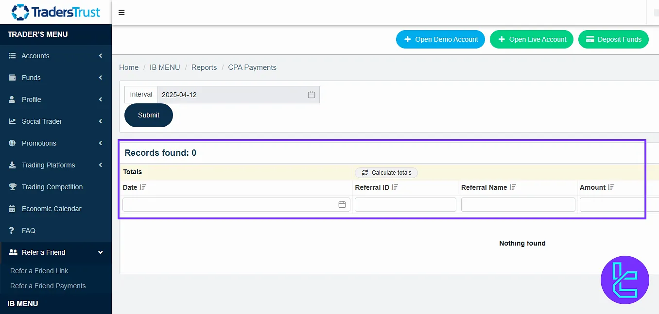 Traders Trust dashboard refer a friend submission panel