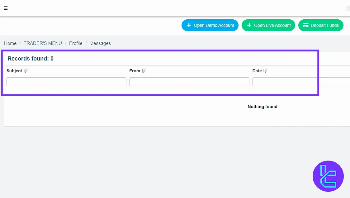 Traders Trust dashboard support message center with filtering