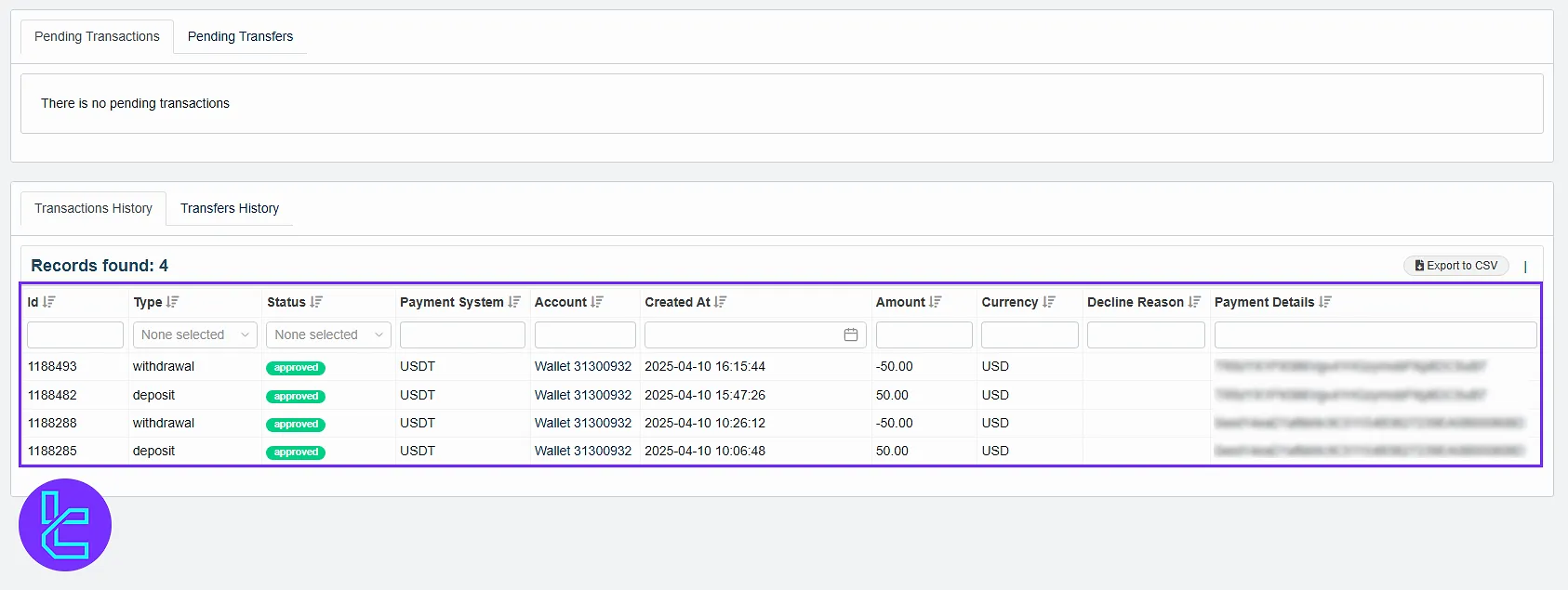Traders Trust panel transaction history