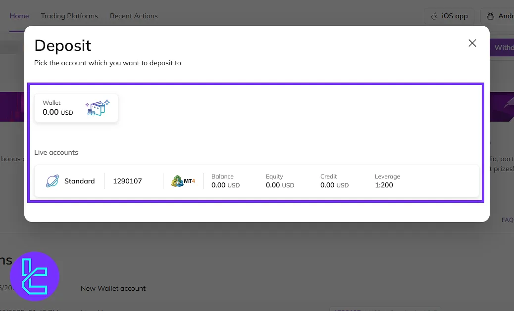 Deposit funds using the Axiory member area