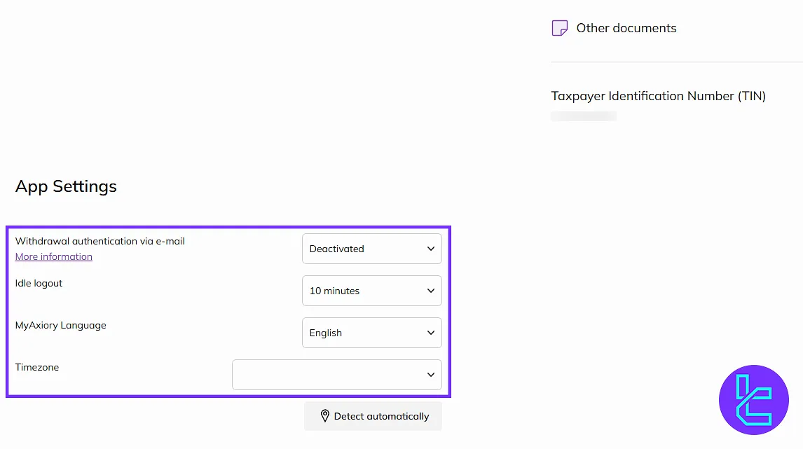 Axiory app and location setting panel