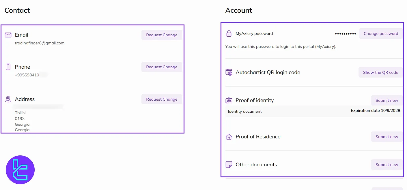 Axiory panel profile settings section
