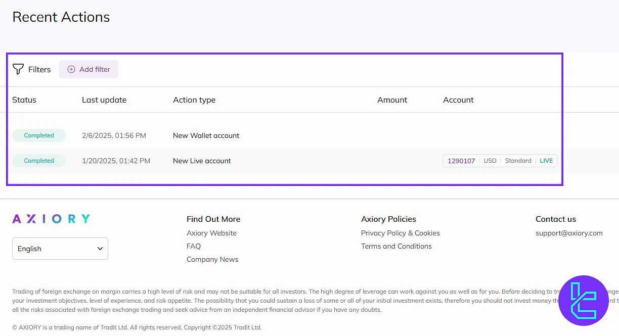 Activity history and filters on the Axiory user cabin