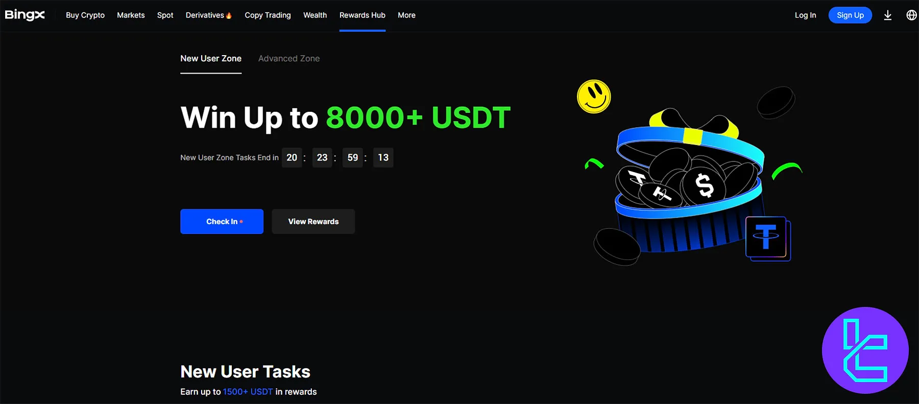 BingX Rewards Center with multi-step onboarding rewards and task tracker