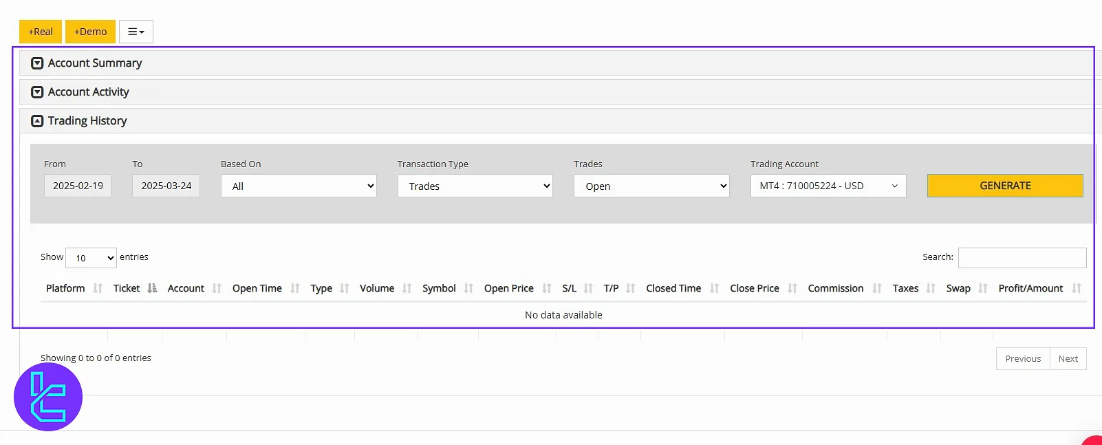 Account operations panel in Taurex