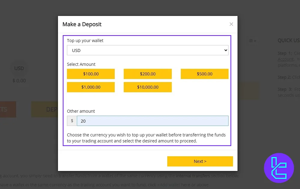 Deposit functions on Taurex client area
