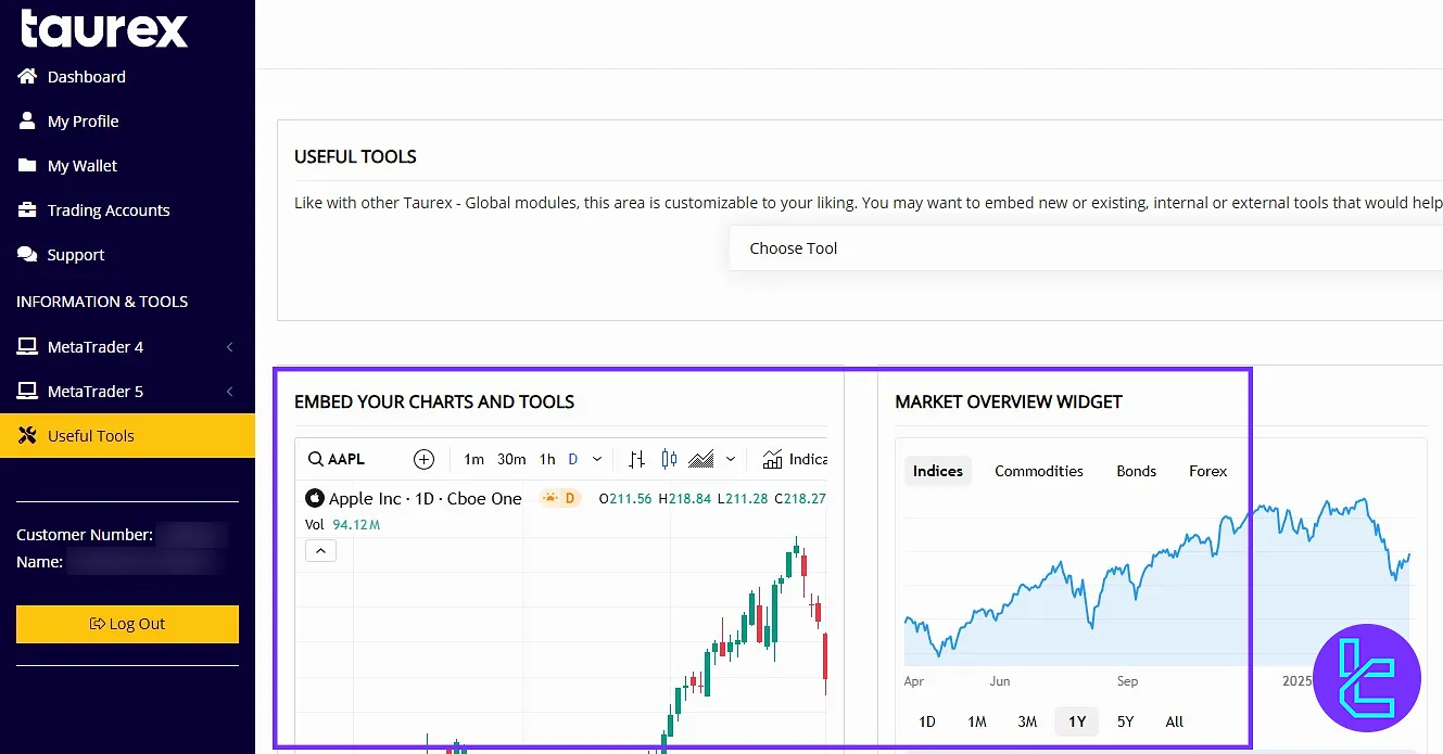 Trading tools and calendars in the Taurex user panel