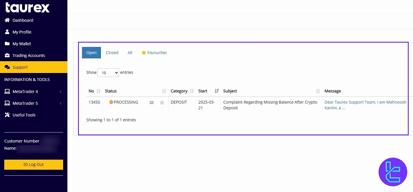 Support ticket submission via Taurex user panel