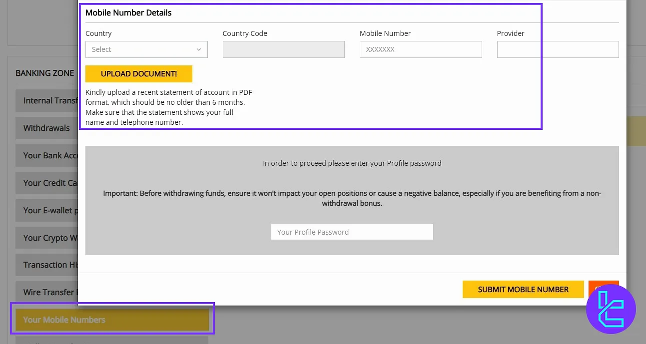Contact info in Taurex user panel