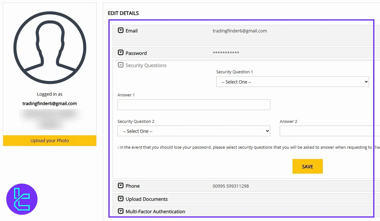 Profile settings on the Taurex client portal