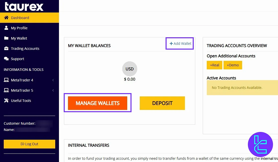 Wallet balances display on Taurex user panel