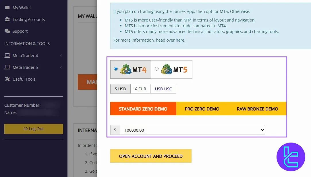 Real and Demo trading accounts on Taurex panel
