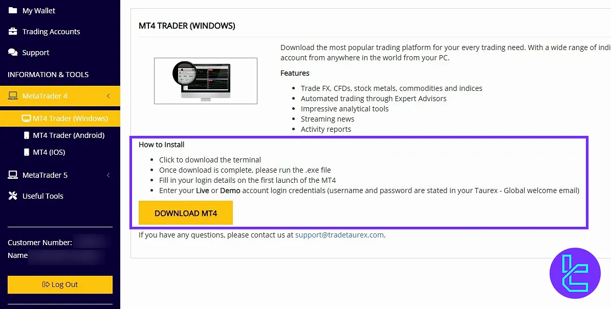 MetaTrader download options on the Taurex cabin