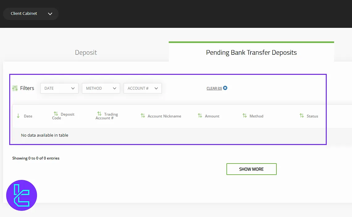 Titan FX cabinet showing pending bank transfer options