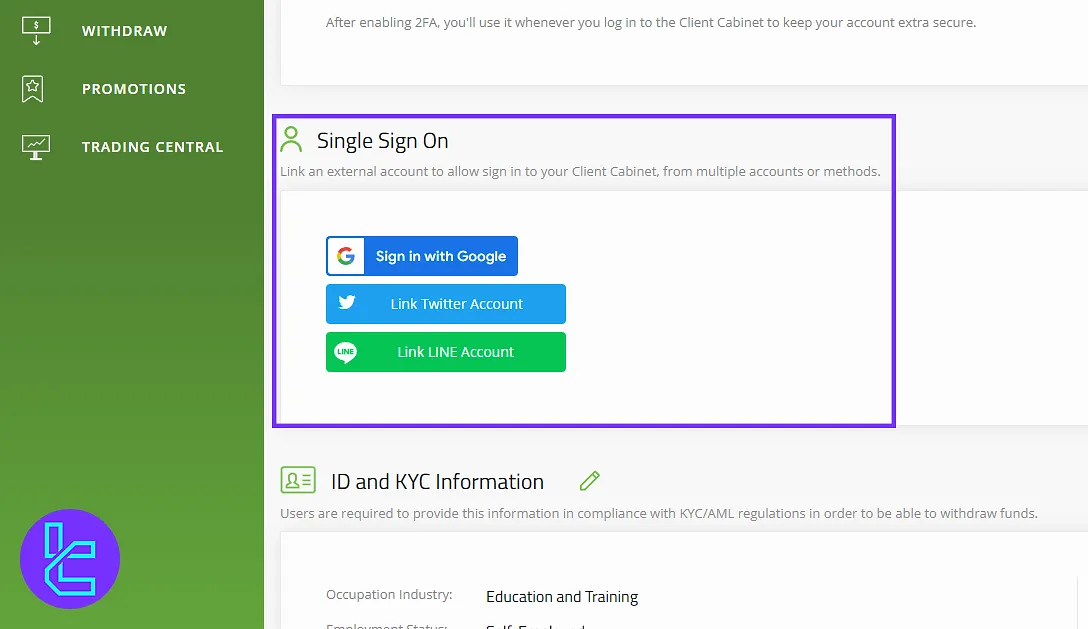 Titan FX user panel with social login linking options