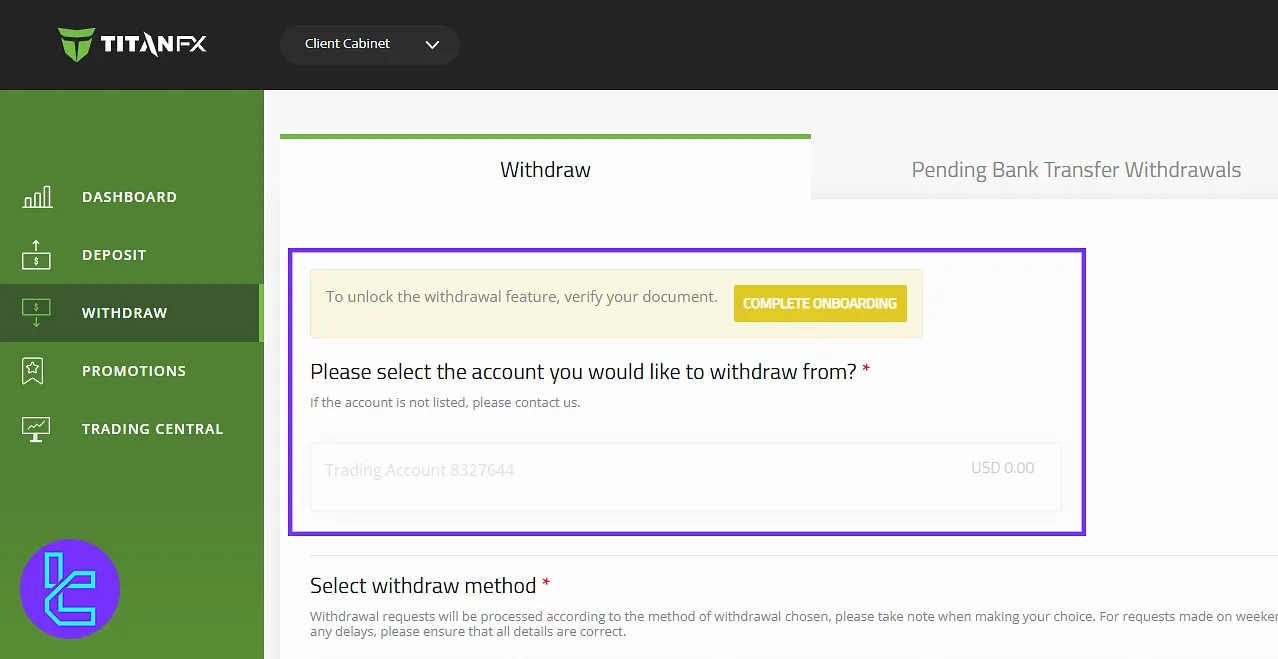 Titan FX user panel withdrawal access