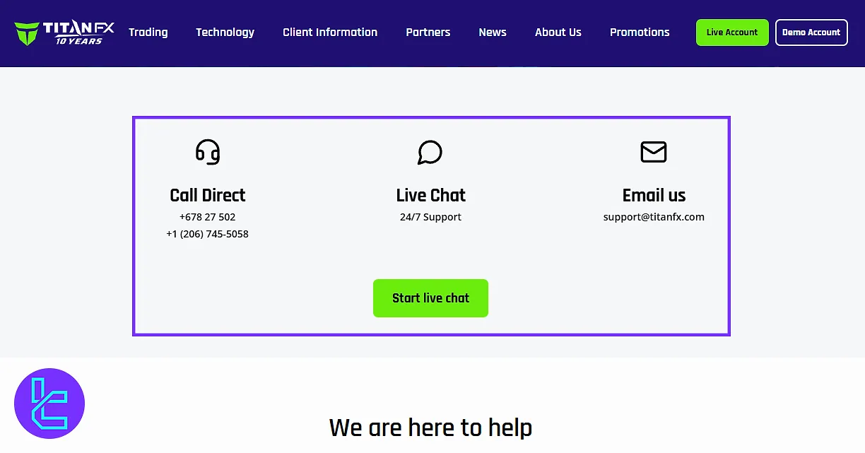 Titan FX support panel with chat and help center options