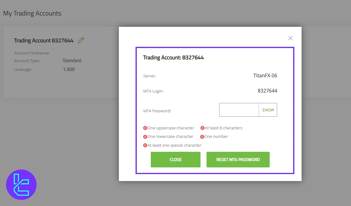 Titan FX trading account overview in the user panel