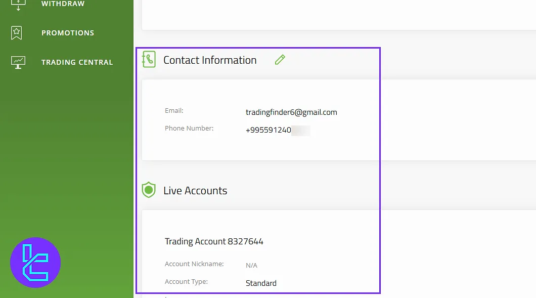Titan FX panel, Contact and Account Information