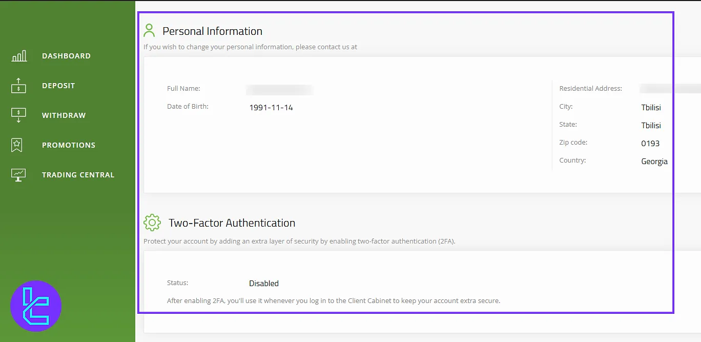 Titan FX cabin profile section showing personal info and 2FA settings