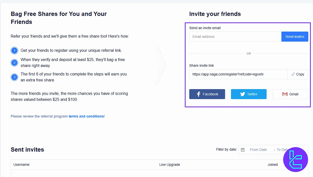 Referral and affiliate tools in NAGA dashboard