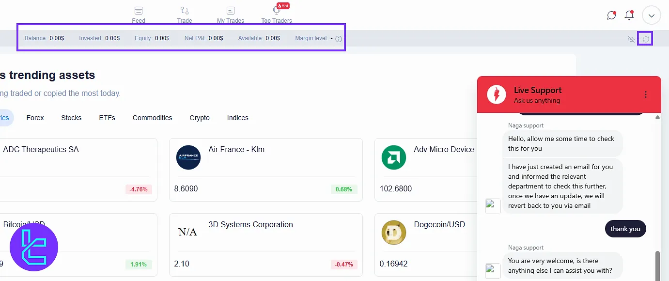 Balance and equity display in the NAGA dashboard top bar