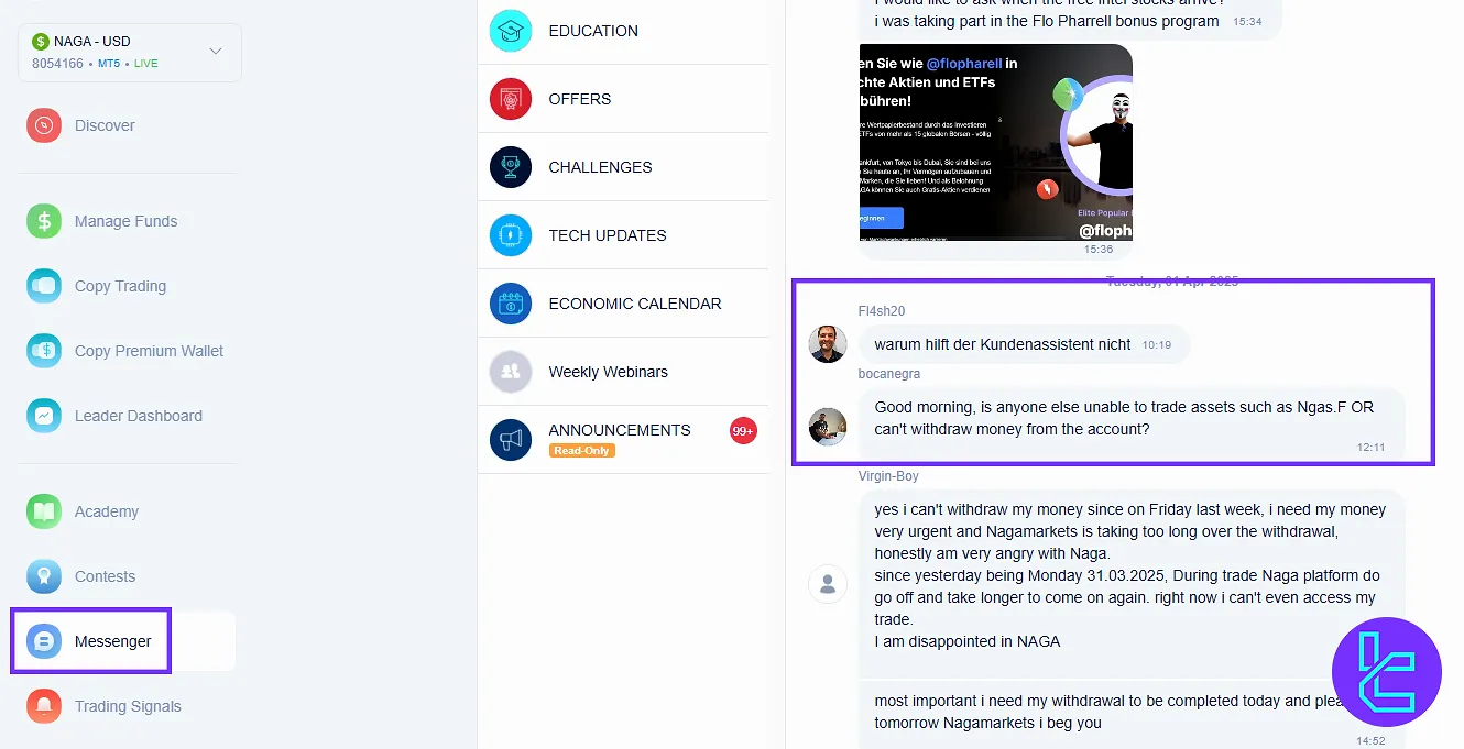 In-platform chat and messenger in the NAGA dashboard