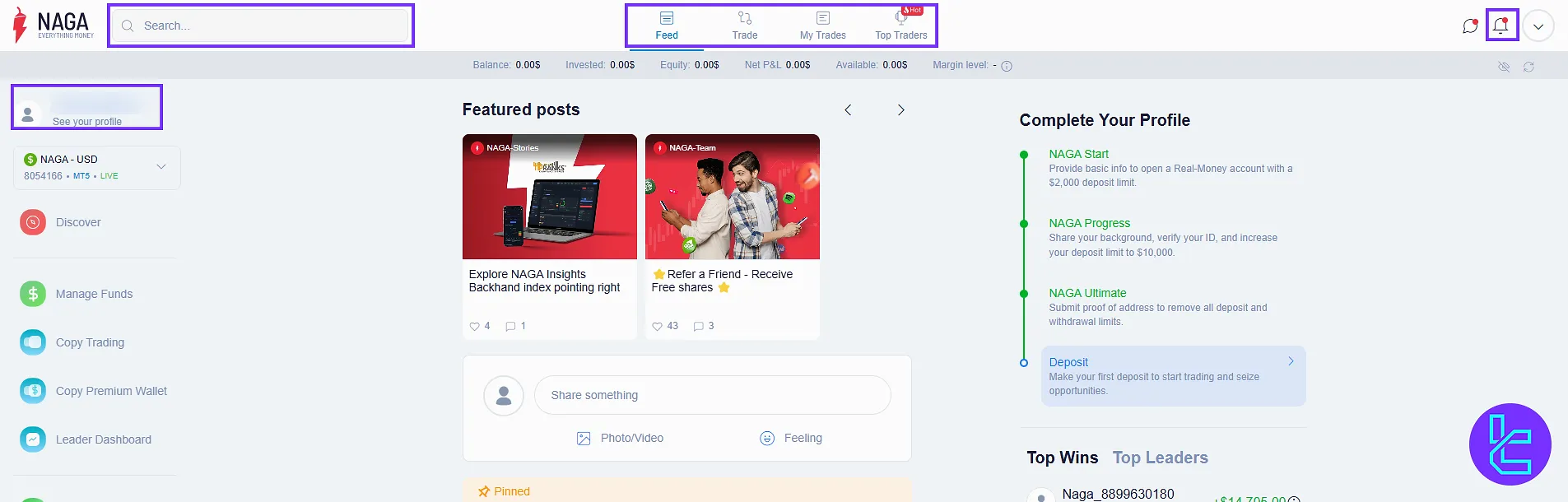 NAGA top navigation bar and user profile panel