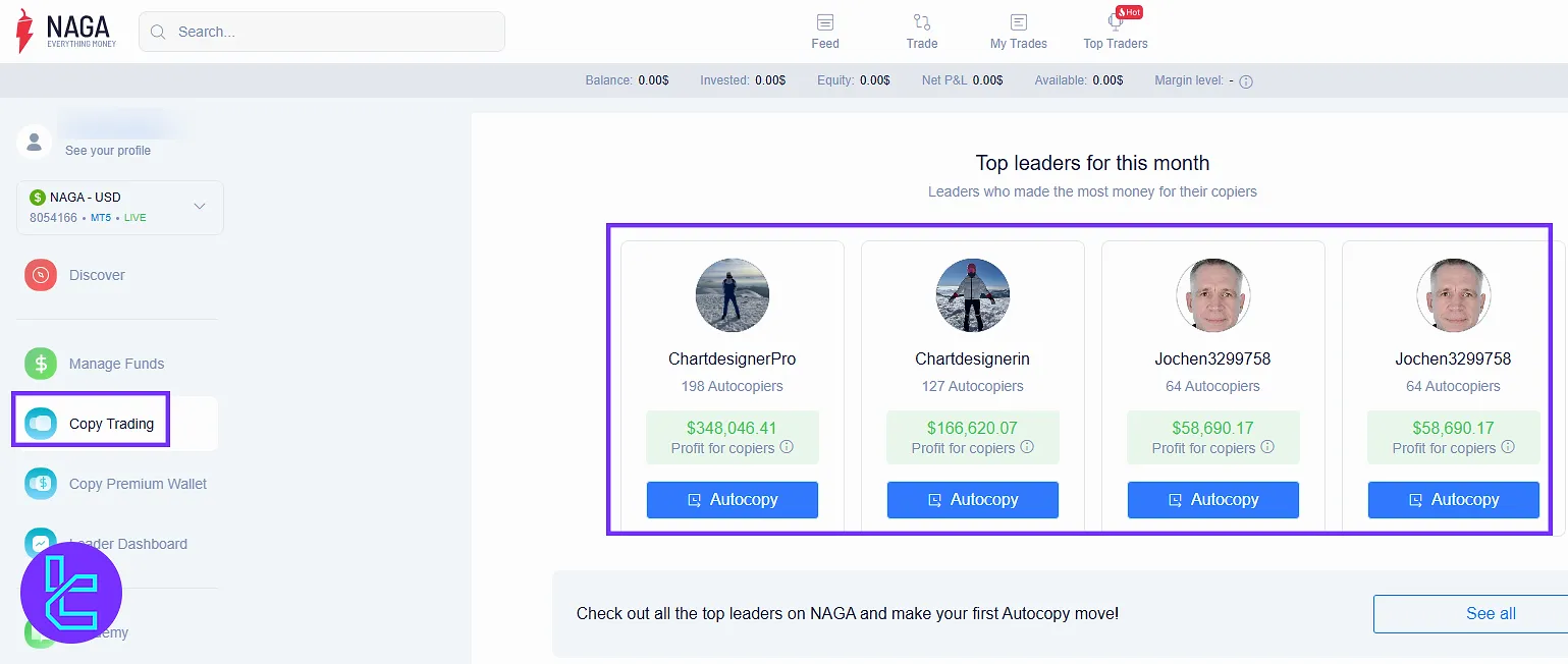 Copy trading panel in the NAGA showing trader rankings