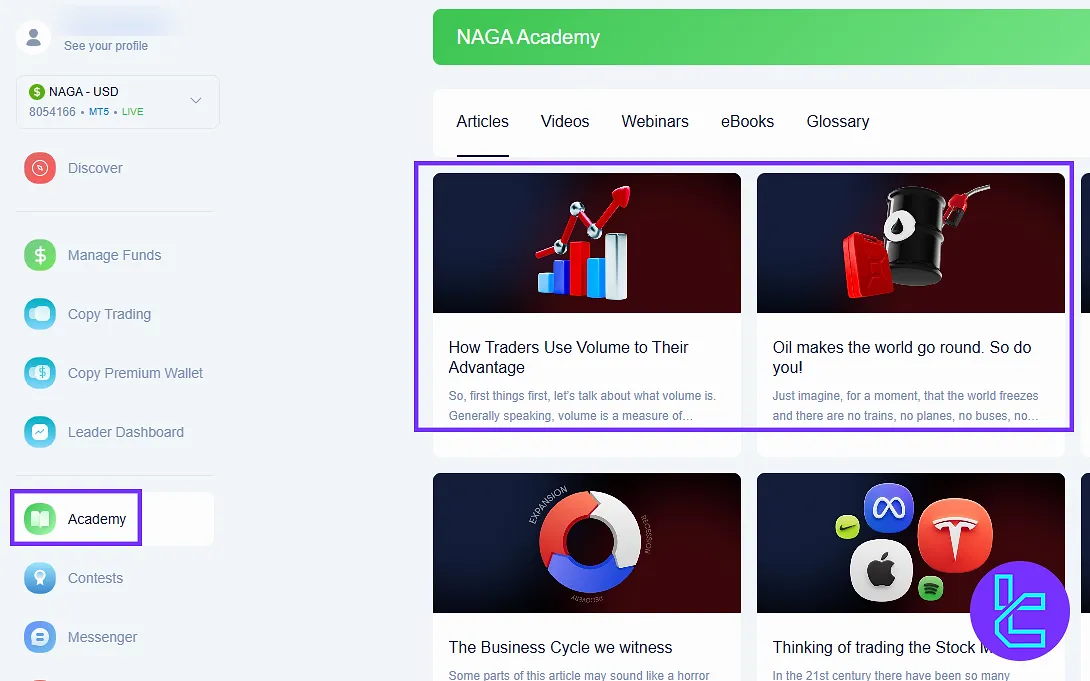 NAGA educational content hub, and academy section