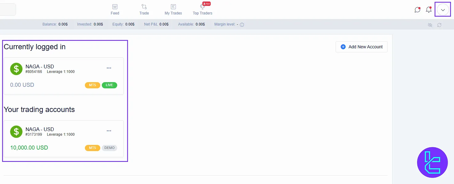 NAGA account overview in the dashboard