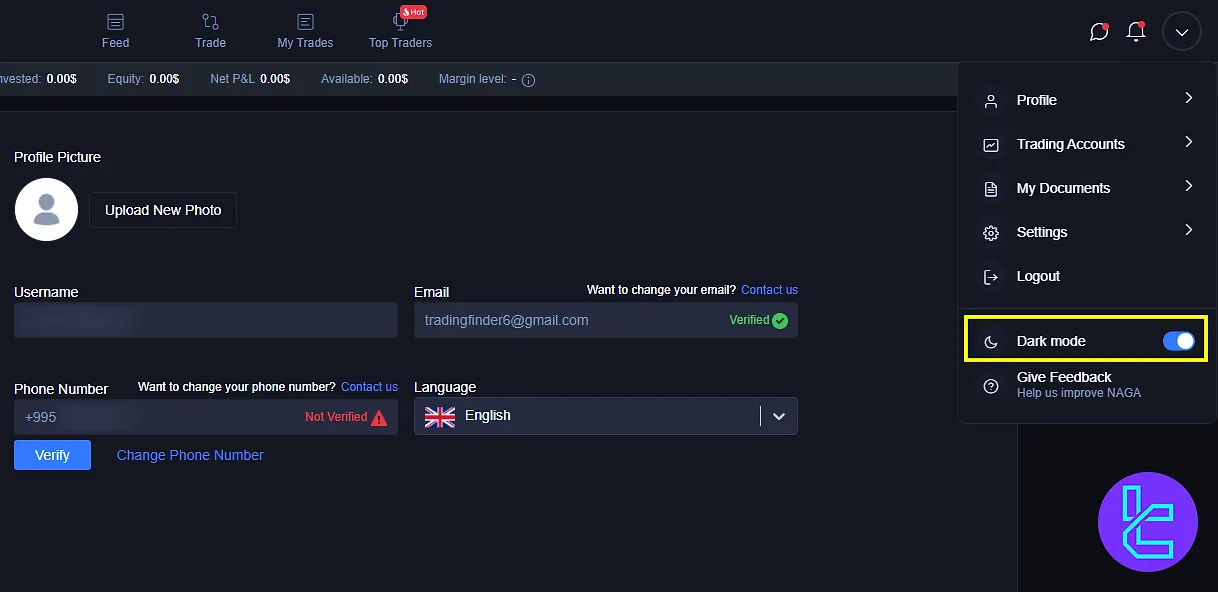 Dark mode toggle and logout options in NAGA dashboard