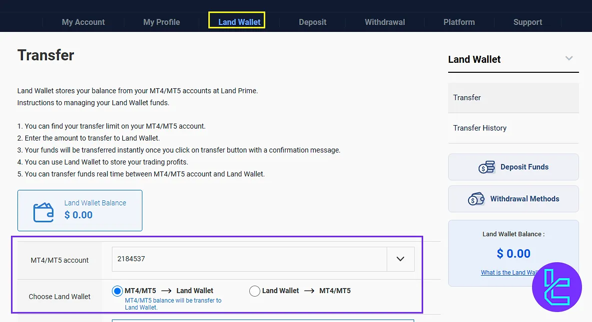 Land Prime main wallet tools and transfer panel