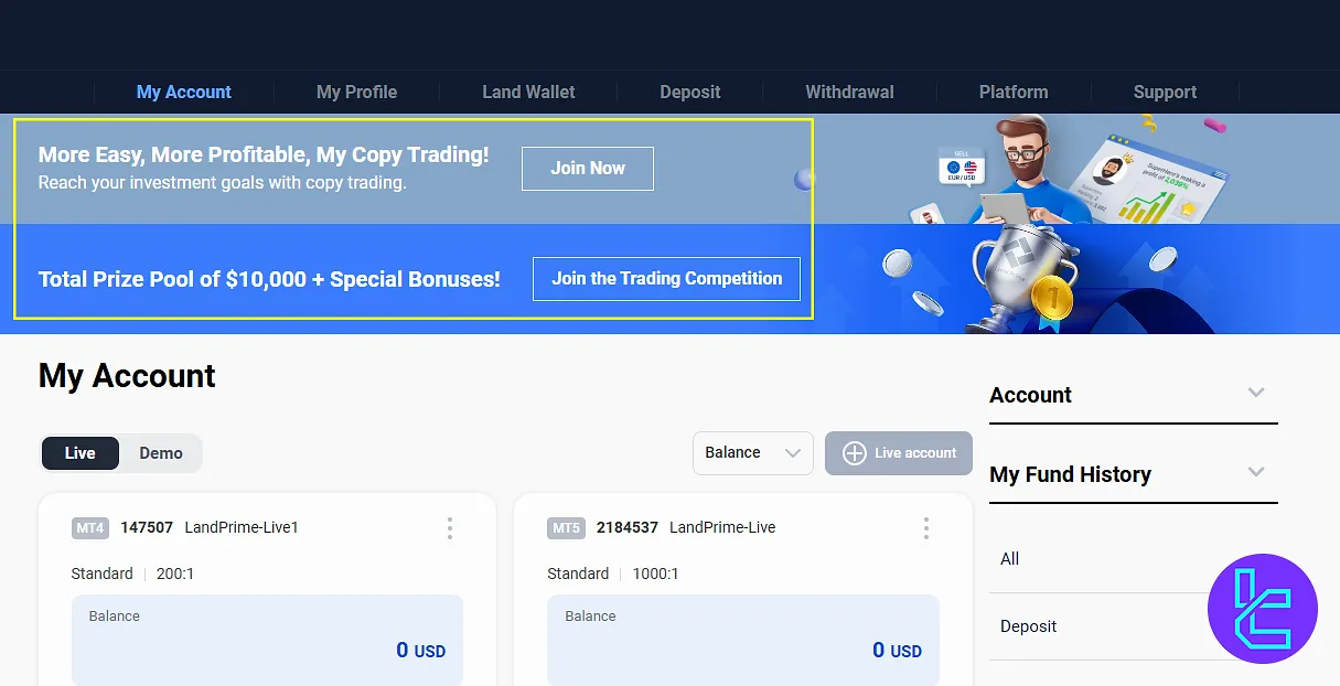 Land Prime panel promotional banners for copy trading and contests