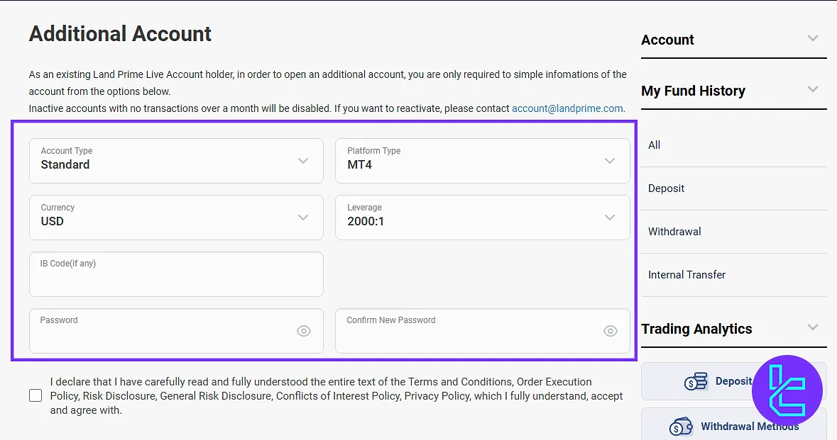 New trading account creation in the Land Prime panel