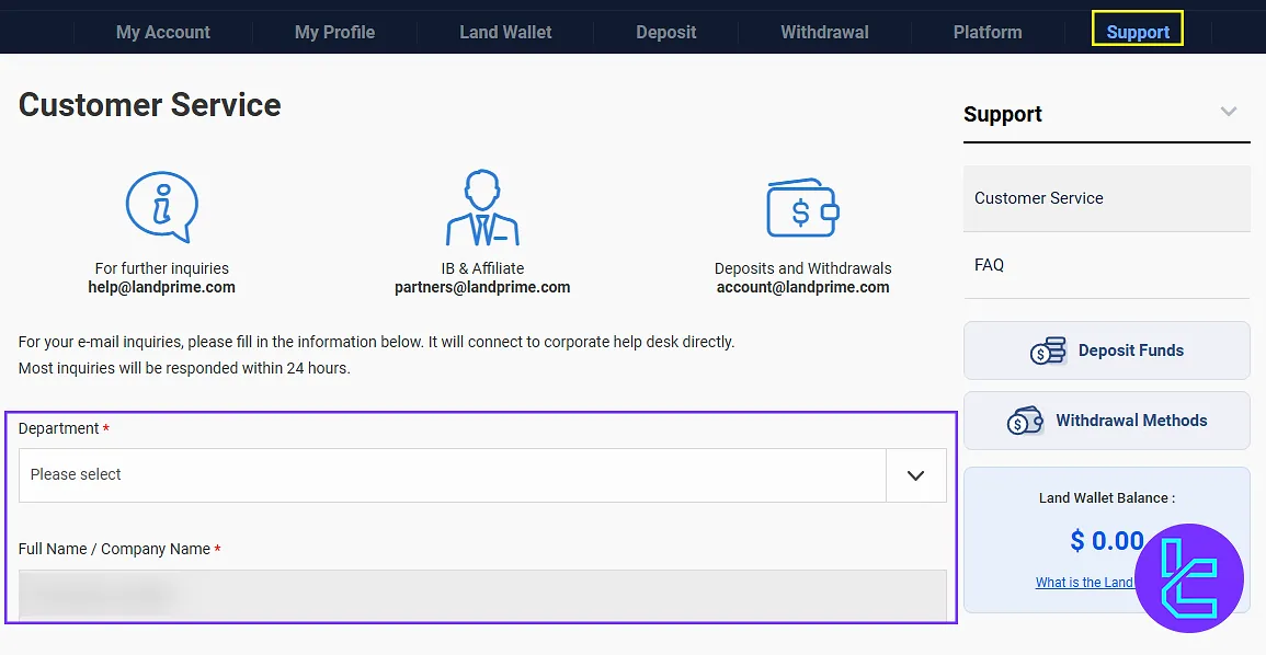 Land Prime customer support option in the user panel