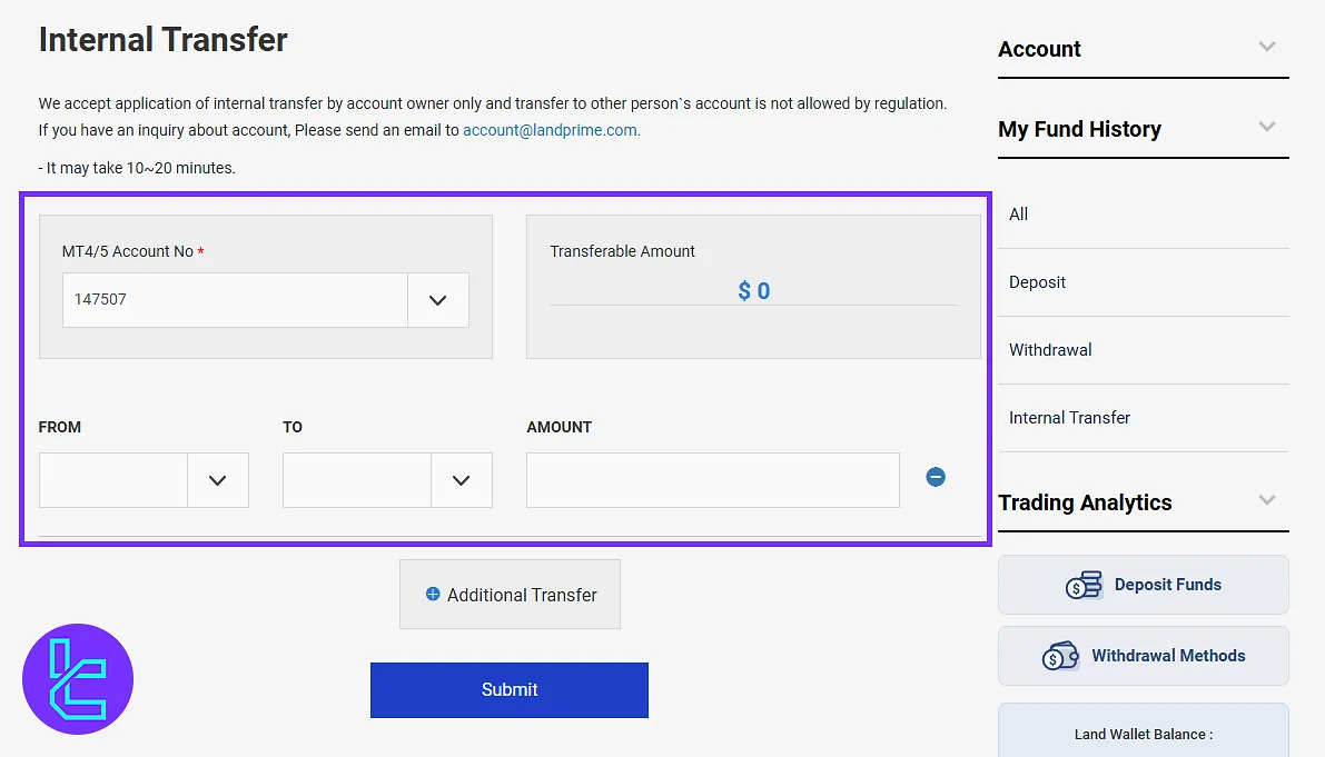 Land Prime client portal, internal fund transfer section