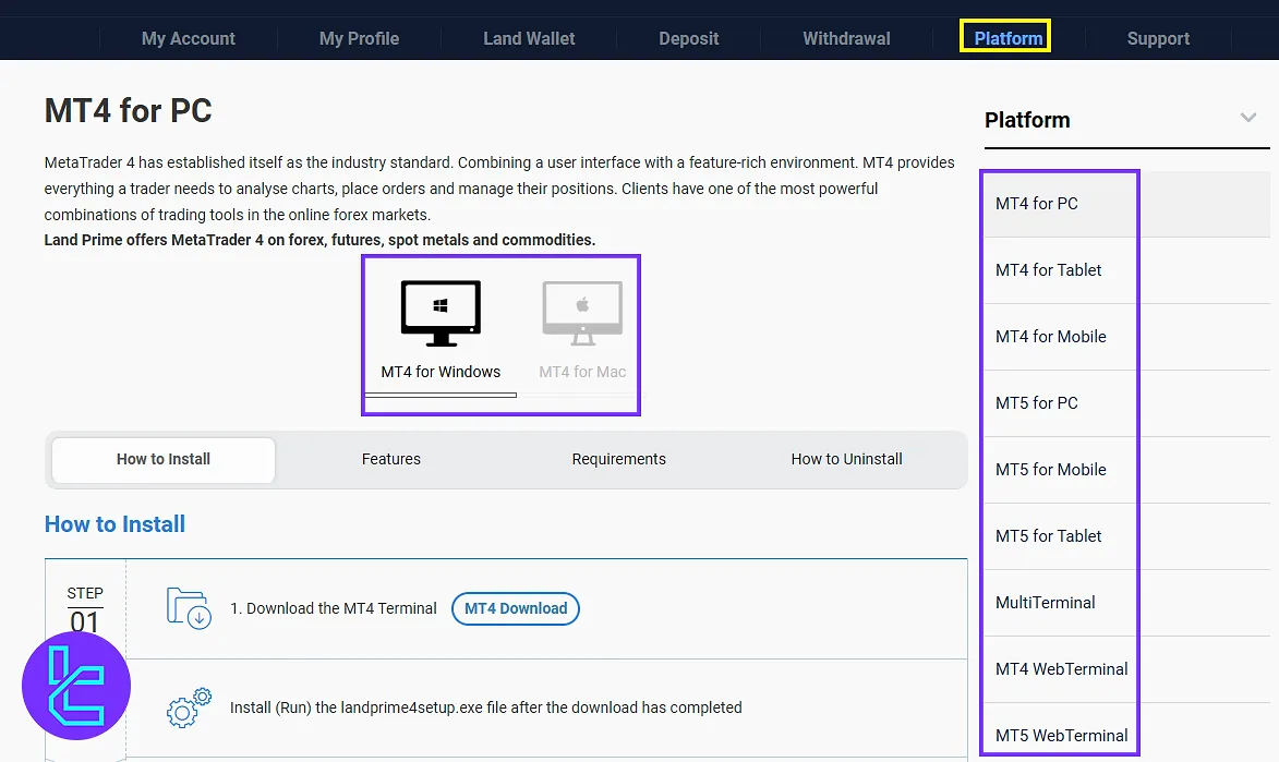 Land Prime MetaTrader platform download center
