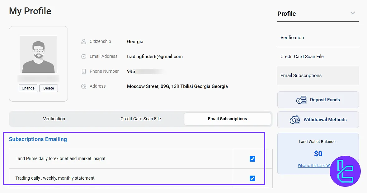 Land Prime user panel email settings page