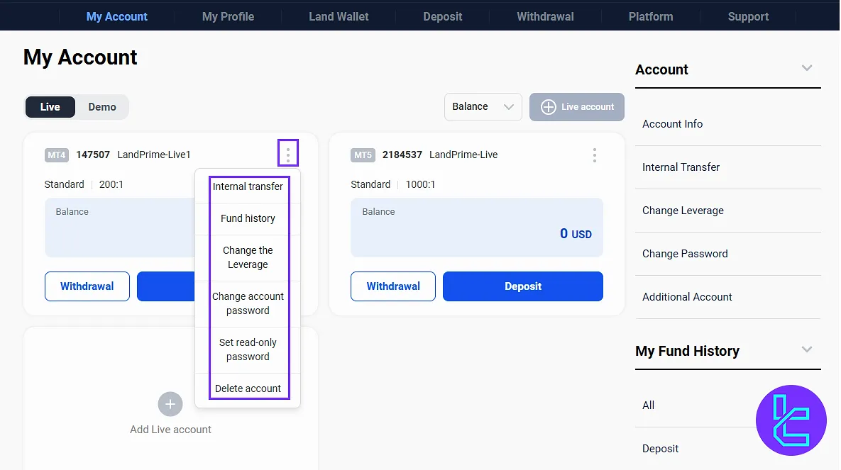 Land Prime account options menu in the user panel