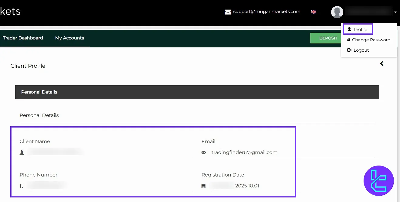 Mugan Markets user area profile and password settings