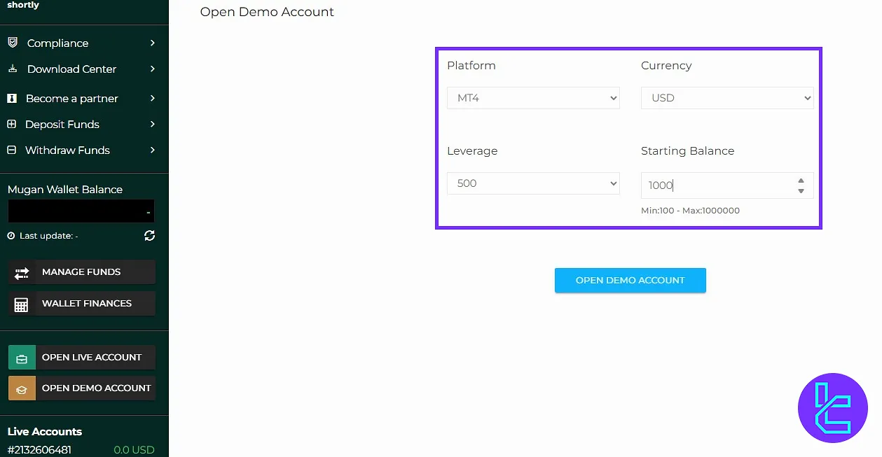 Mugan Markets new account creation panel