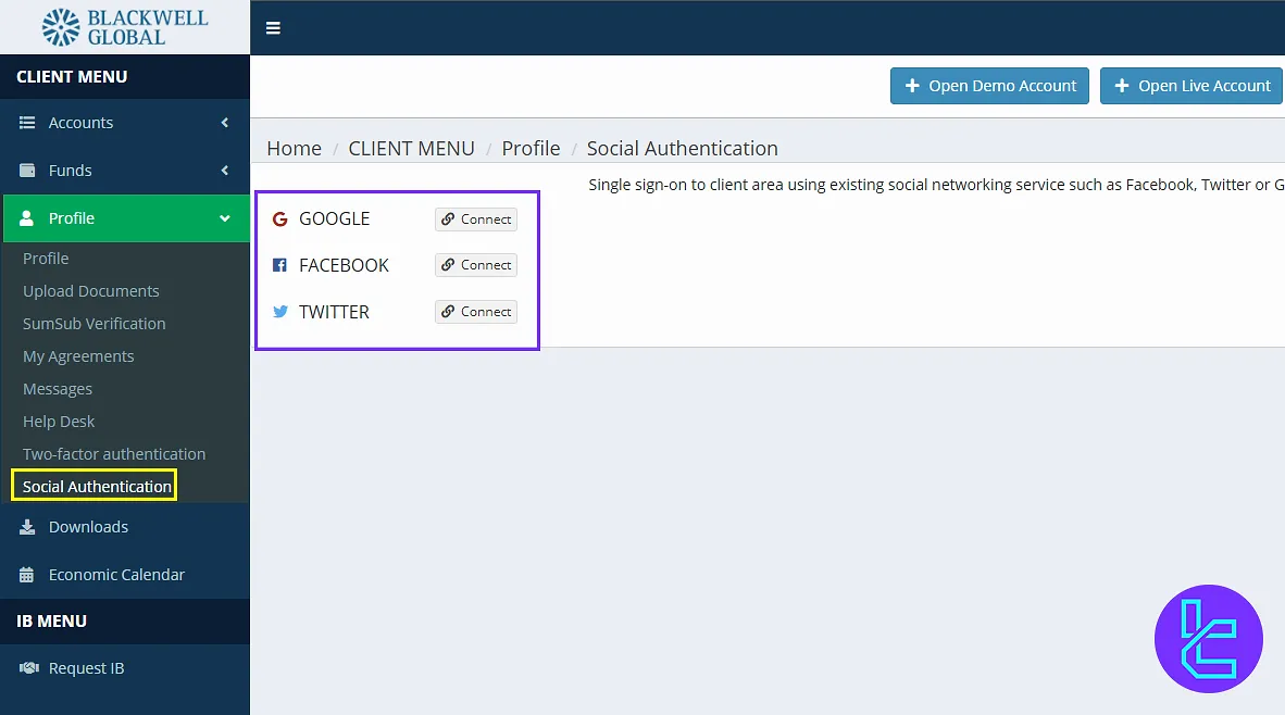 Social media login setup in the Blackwell Global panel