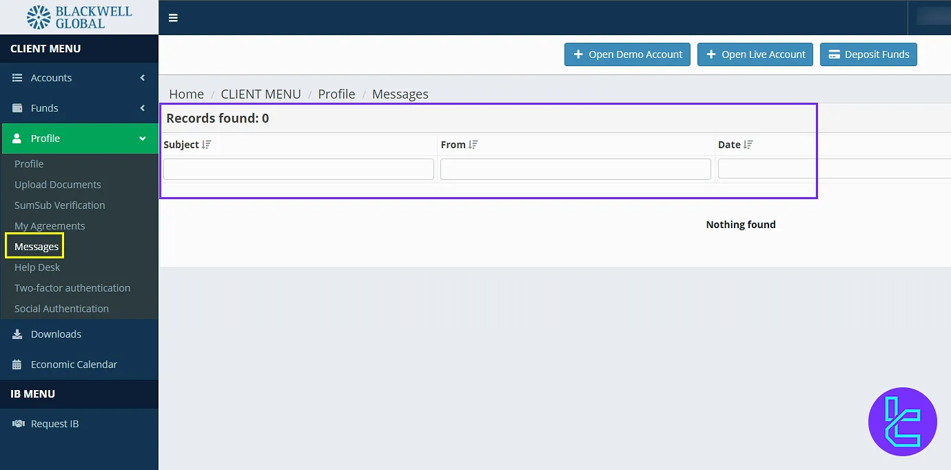 Messages page on the Blackwell Global user panel
