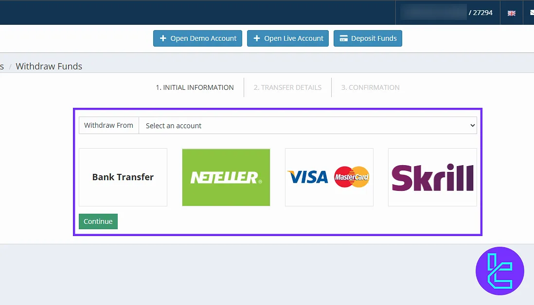 Withdraw funds via the Blackwell Global panel withdrawal section