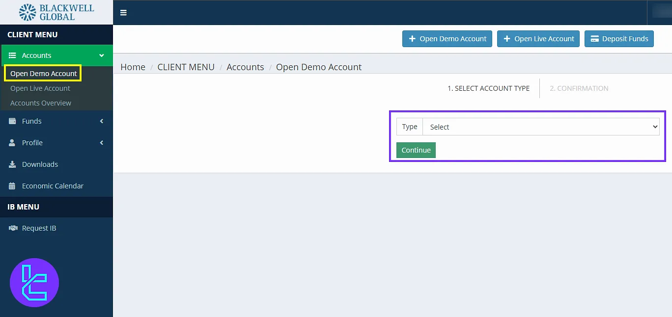 Open Demo Account option on the Blackwell Global cabin