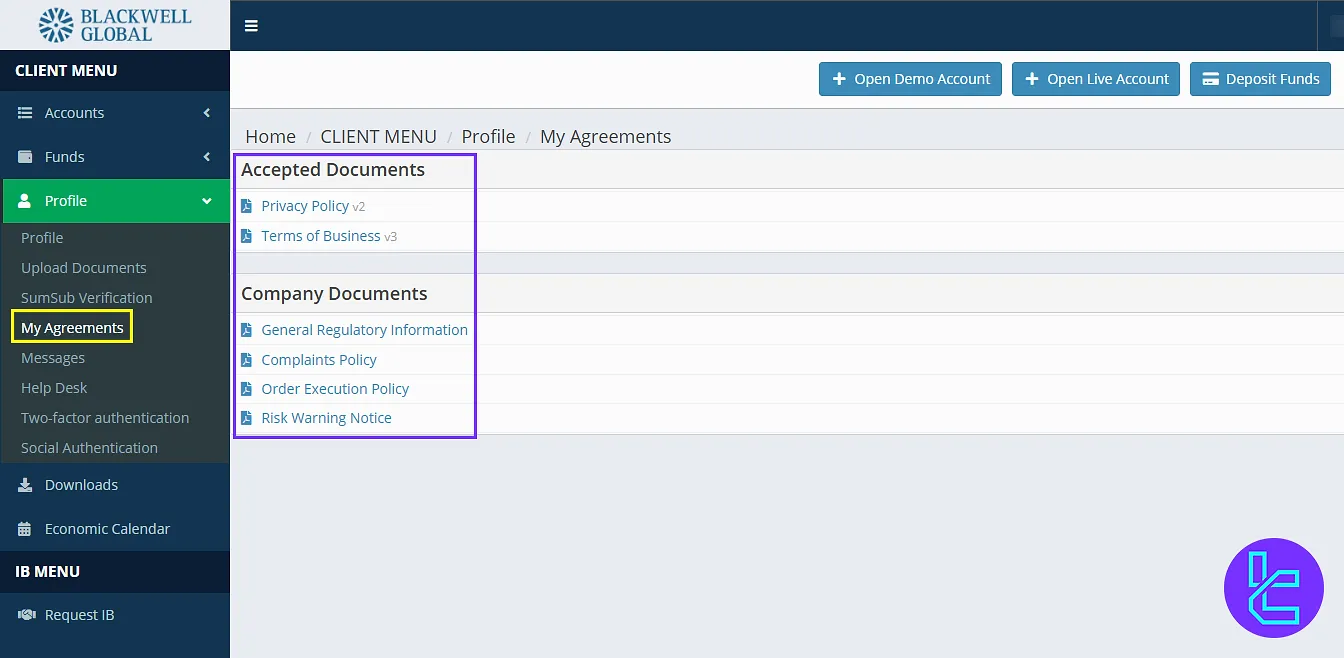 User agreements in the Blackwell Global member area