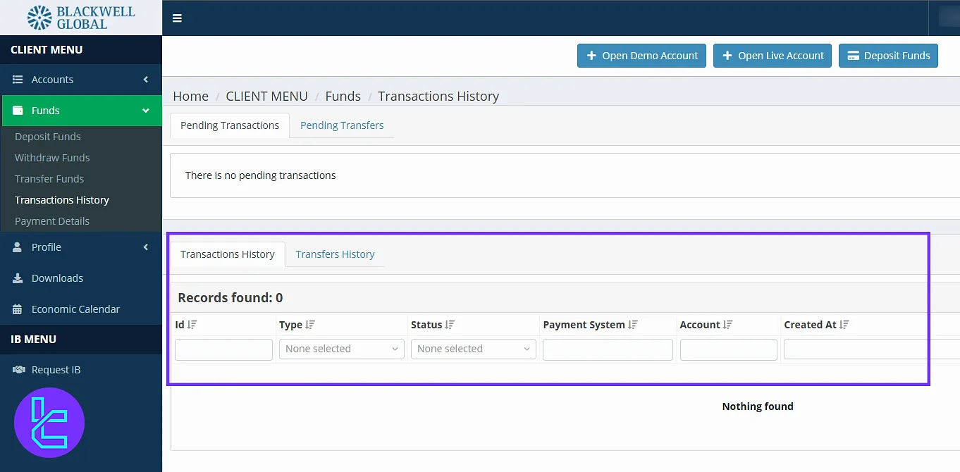 View past transactions in the Blackwell Global client panel
