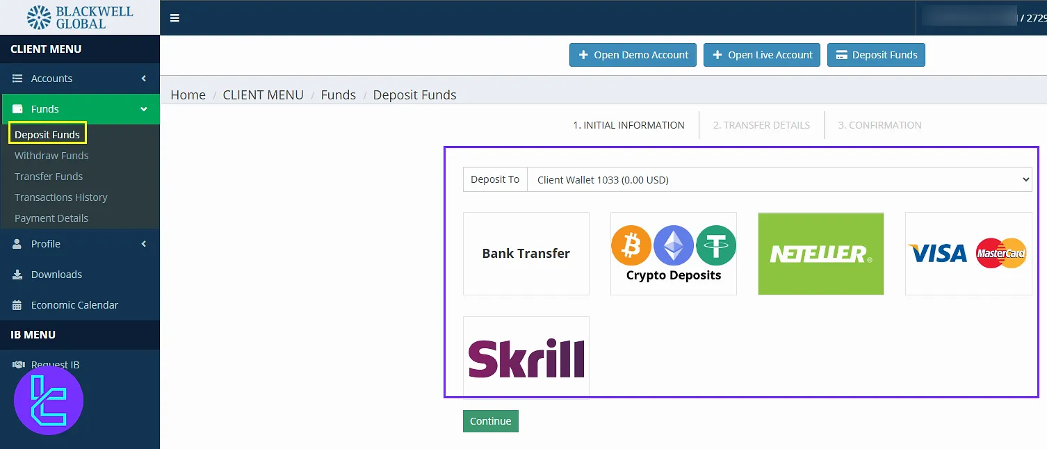 The "Deposit Funds" button on the Blackwell Global client portal provides quick funding access