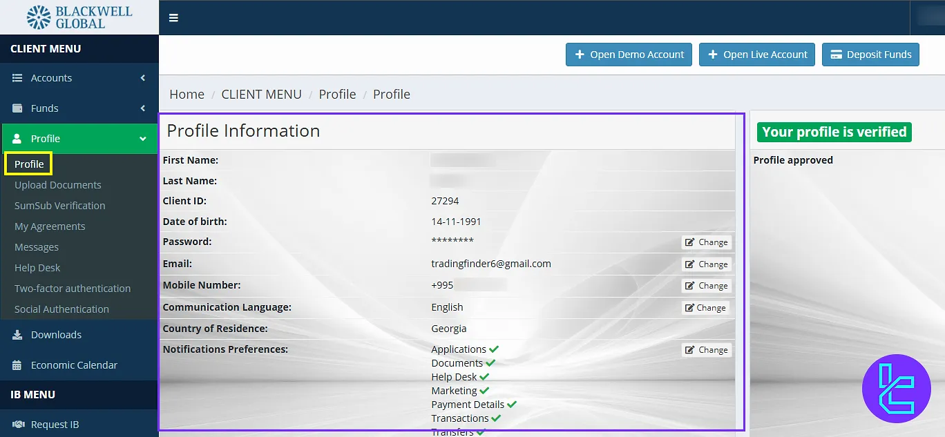 Profile settings page on the Blackwell Global client area